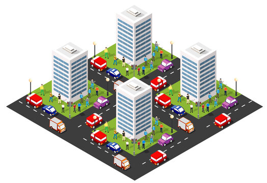 Isometric city street showing urban transportation and crowd