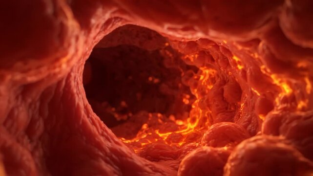 Microscopic view of blood vessel inflammation with glowing red cells flowing through artery. 3D medical animation depicting circulatory system health, chronic disease, and cardiovascular biology.