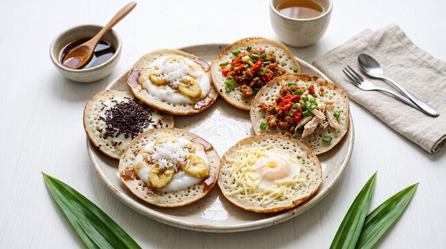 An assortment of traditional Indonesian rice flour pancakes, Serabi, featuring diverse sweet and savory toppings like chocolate sprinkles, banana, egg with cheese, and spicy chicken.