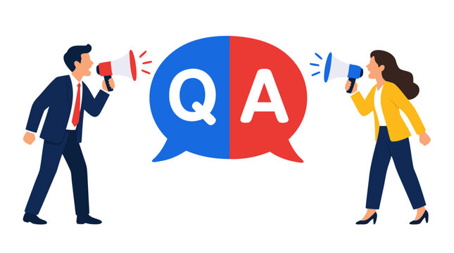 Businessman and Businesswoman with Megaphones Presenting Q and A Speech Bubble, Question Answer Session, Corporate Debate, Communication Strategy and Professional Discussion Concept