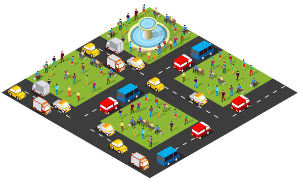 Isometric city park with people and traffic
