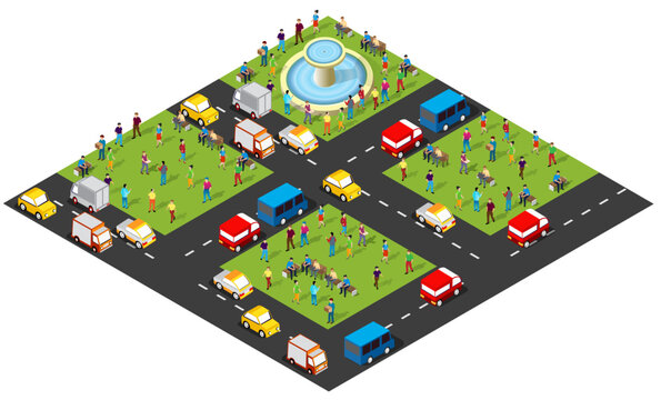 Isometric city park with people and traffic