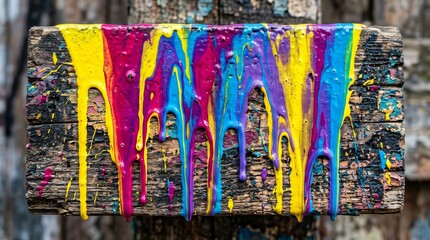 Fototapeta premium Colorful grunge texture of a painted wooden wall with dripping graffiti.