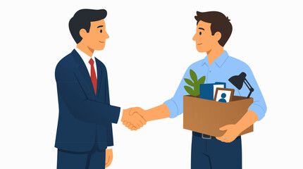 Fototapeta premium Manager Shaking Hands with Departing Employee Holding Cardboard Box of Personal Office Belongings, Job Resignation and Career Transition, Office Goodbye and Professional Exit, Flat Vector Illustration