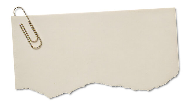 Torn paper note with silver paperclip on white isolated on a transparent background ripped edge 1 de