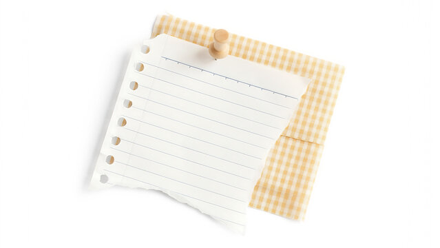 Torn lined paper pinned to checkered fabric isolated on a transparent background notebook paper desi