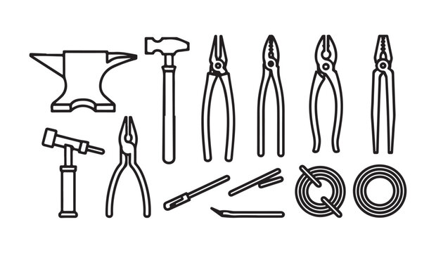 Jewelry making tools set including anvil hammer pliers wire and file outlines on white.