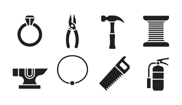 Smithing equipment silhouettes including ring anvil saw hammer and fire extinguisher icon.