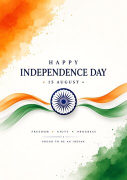 Happy Independence Day India 15 August Watercolor Poster with Ashoka Chakra and Tricolor Ribbon