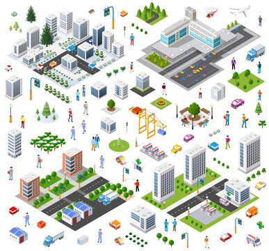 Isometric city planning constructing infrastructure buildings transportation