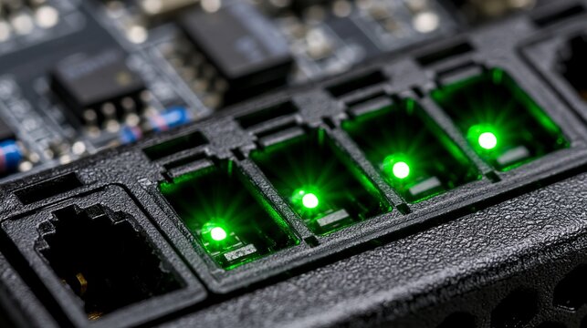 Close-up of a network switch with glowing green ethernet ports, showcasing modern technology and data connectivity infrastructure