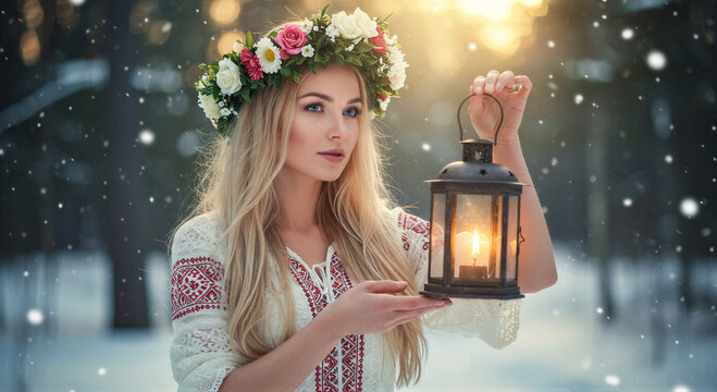 Blonde woman wearing floral wreath and ethnic dress holding glowing vintage lantern in snowy forest at sunset. Traditional folk style portrait for winter season and holiday concept