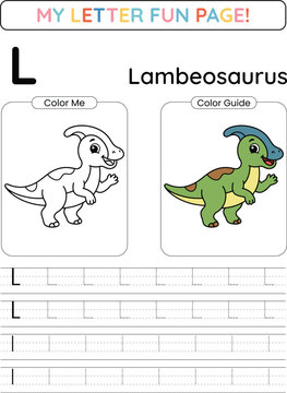 Letter L Dinosaur Tracing Worksheet: Lambeosaurus Coloring Page for Preschool Kids