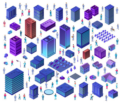 Isometric city elements set with urban people