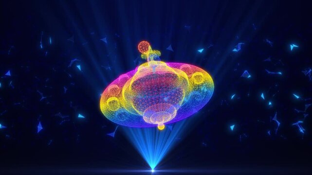Futuristic Rainbow-colored Holographic Space Station Rotating In Dark Digital Space, Glowing Plexus Wireframe UFO Model Projected From A Bright Blue Light Source With Floating Geometric Network Partic
