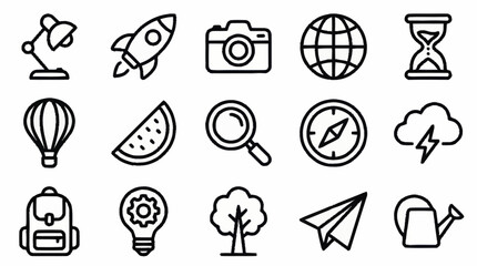 Collection of minimalistic line art icons for various themes. © Kiki