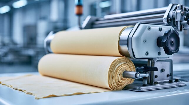 Industrial machinery processes a large roll of dough.