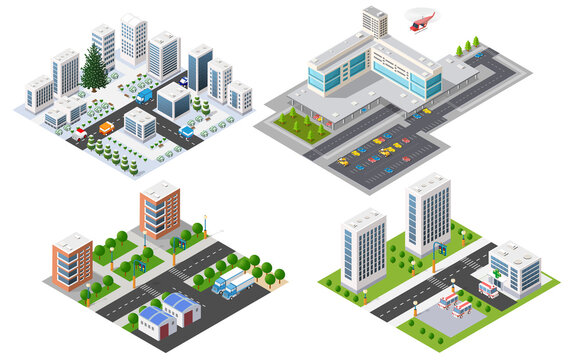 Isometric city maps showing urban infrastructure