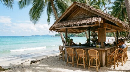 Fototapeta premium A thatched beach bar with wicker stools sits under palm trees beside turquoise waves, suited for tropical travel, resort, vacation, or hospitality marketing.