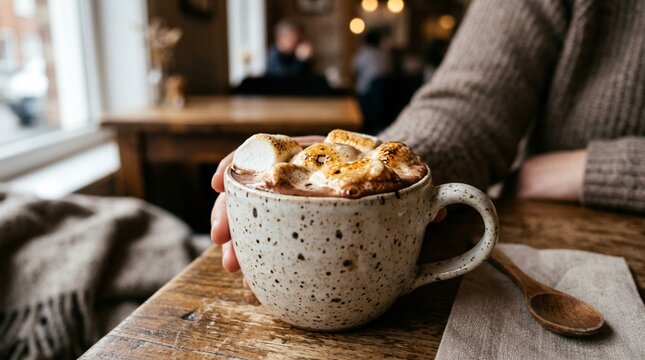 A hand holds a speckled ceramic mug of hot chocolate topped with toasted marshmallows in a cozy cafe, ideal for winter beverage promotions.