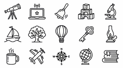 Collection of black and white line art icons for various themes. © Kiki