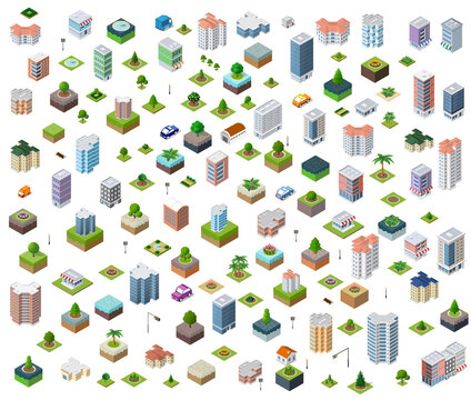 Isometric city elements set creating urban landscape
