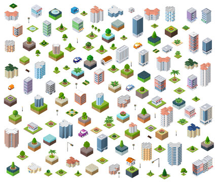 Isometric city elements set creating urban landscape