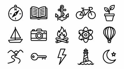 Collection of sixteen black outline icons for various themes. © Kiki