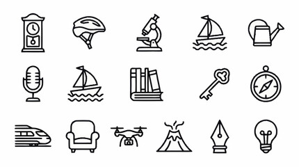 Fototapeta premium Collection of black and white line icons for various categories.