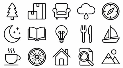 Minimalist black line icons set for various themes. © Kiki