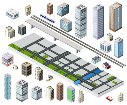 Isometric city construction elements assembling urban infrastructure