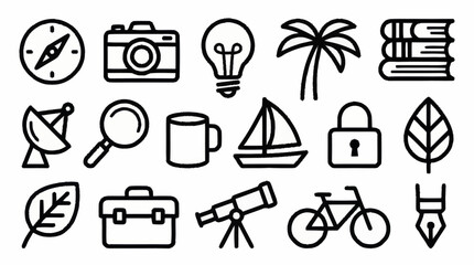 Fototapeta premium Collection of black line icons representing various objects and concepts.