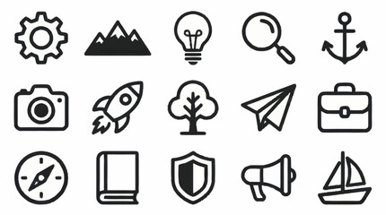 Collection of minimalistic black line icons for various themes. © Kiki