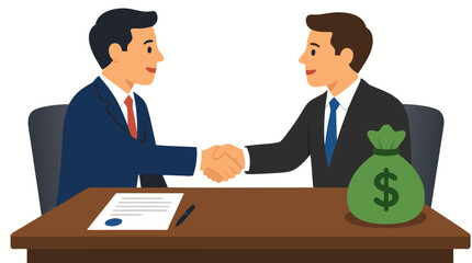Obraz premium Modern Businessmen Shaking Hands Over Loan Agreement with Money Bag on Desk, Flat Vector Illustration of Corporate Finance Deal, Contract Signing and Financial Investment Success Concept