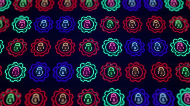 Vibrant Neon Cybersecurity Pattern Background Featuring Glowing Padlocks Inside Gears In Shades Of Blue, Purple, Pink, And Yellow. Futuristic Digital Network Security Concept With Shallow Depth Of Fie