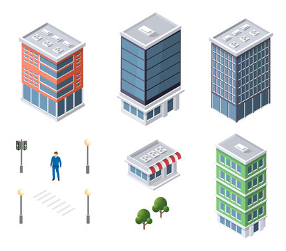 Isometric city elements set creating urban architecture