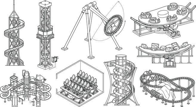 Amusement Park Ride CAD Vector Collection Featuring Roller Coasters, Drop Towers and Theme Park Attractions Line Drawings
