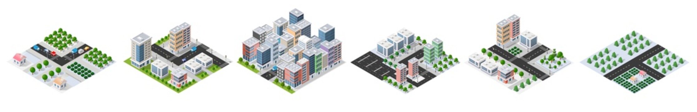 Isometric urban city planning and infrastructure elements