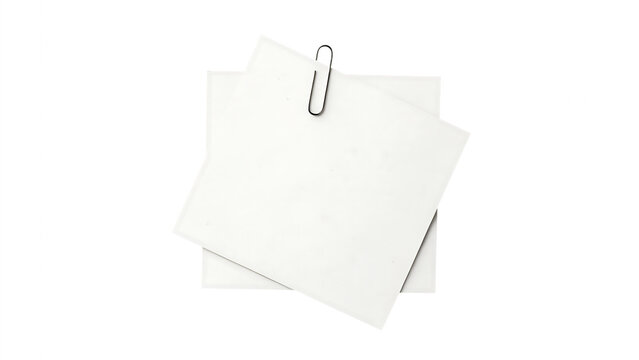 Two white paper notes held by a silver paperclip isolated on a transparent background