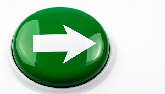 Glossy green circular button with white arrow, direction, movement, progression, go, proceed, action.