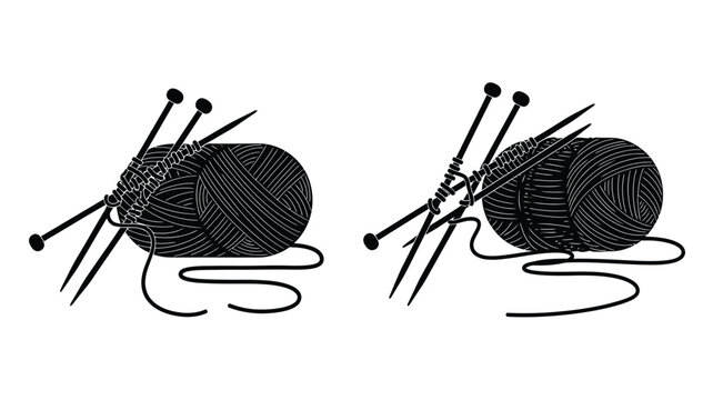 Yarn balls with knitting needles black and white silhouette