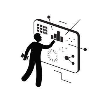 Analyst interacts with a dynamic dashboard displaying business performance metrics and data trends.
