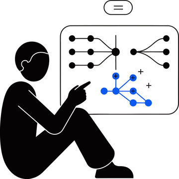 Data scientist analyzes complex network pathways using a digital interface for process.