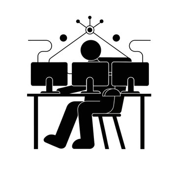 Worker silhouette sits at a desk with triple monitors to represent high-tech digital computing.