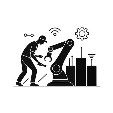 Engineer silhouette operates a robotic arm to symbolize automated manufacturing and smart industry.