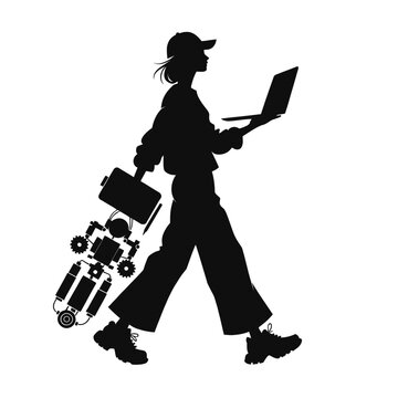 Woman silhouette walking with a laptop and camera equipment demonstrates a modern remote workflow.