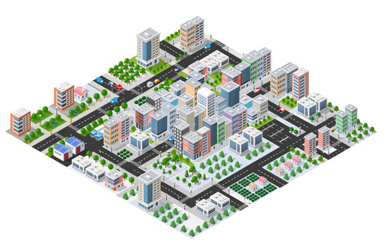 Isometric city map showing urban architecture and streets