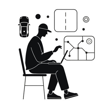 Man sitting on a chair uses a laptop to track vehicle navigation and digital transport routes.