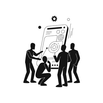 Team members examine a large smartphone display featuring intricate digital interface components.