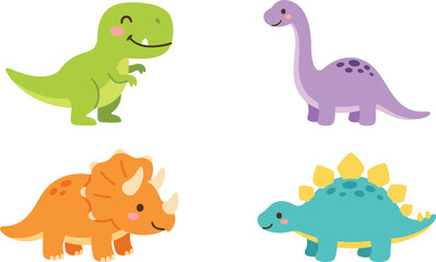 Fototapeta premium Cute Dinosaur Collection with T Rex Brachiosaurus Triceratops and Stegosaurus Cartoon Vector Illustration Set